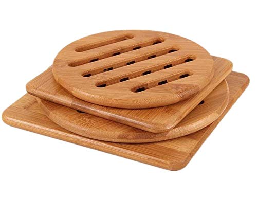 Bamboo Trivet, NC Home Kitchen Bamboo Hot Pads Trivet, Heat Resistant Pads Teapot Trivet, Square and Round (Multi-size, Pack of 4)