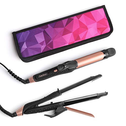 AmoVee 2 in 1 Mini Flat Iron Curling Iron Travel Hair Straightener with Black Titanium Coated, Dual Voltage, 1 inch, Carry Bag Included (Black)