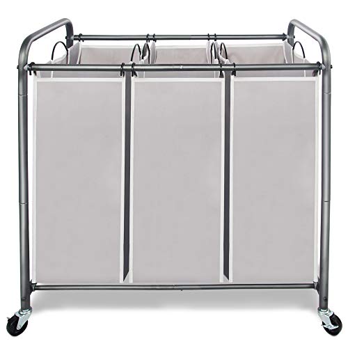 STORAGE MANIAC 3 Section Laundry Sorter, 3 Bag Laundry Hamper Cart with Heavy Duty Rolling Lockable Wheels and Removable Bags, Gray