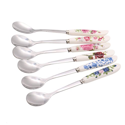 6 pcs Chinese Flower Pattern Stainless Steel Coffee Spoon Ceramic Handle Teaspoon Sugar Spoon Ice Cream Desert Spoon Stirring Soup tableware