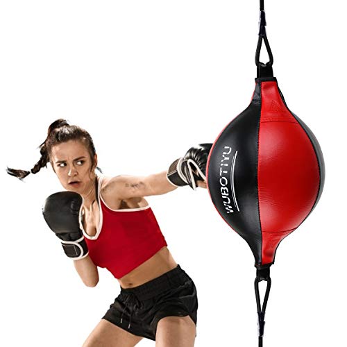 DricRoda Double End Speed Bag for Boxing, Leather Punching Ball Dodge Speed Bag Boxing Ball with Pump for Gym MMA Boxing Sport (Black Red)
