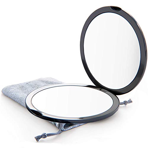Magnifying Compact Mirror for Purses with 10X Magnification – Black Double Sided Travel Makeup Mirror, 4 Inch Small Pocket Mirror, or Purse Mirror. Distortion Free Folding Portable Compact Mirrors