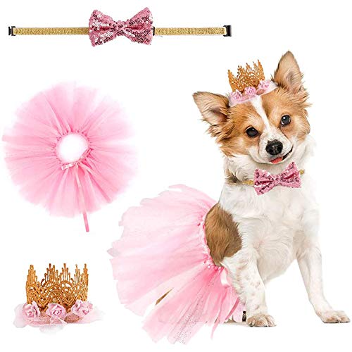 Cute Tutu Dog Costume, Bowtie and Crown Hat Dress Set for Cat Dog, Pet Cosplay for Halloween, Christmas, Holidays, Dog Wedding, Puppy Birthday Party