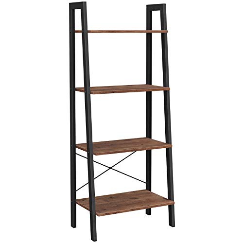 VASAGLE ALINRU Ladder Shelf, 4-Tier Bookshelf, Storage Rack Shelves, Bathroom, Living Room, Industrial Accent Furniture, Steel Frame, Hazelnut Brown and Black ULLS044B03
