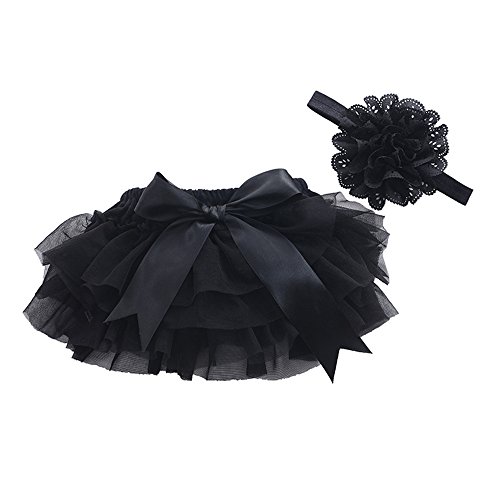 muyan Girls Cotton Tulle Ruffle with Bow Baby Bloomer Diaper Cover and Headband Set (Black, L(12Month-24Month))