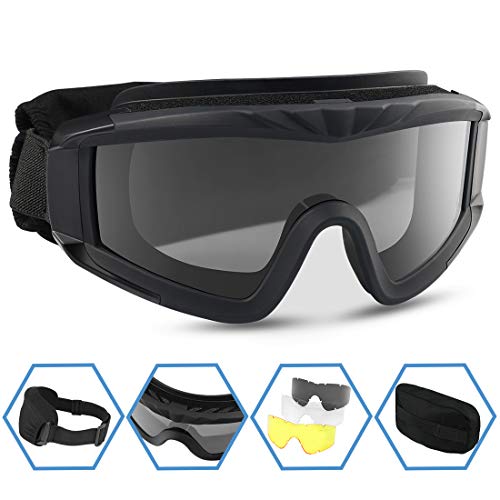 XAegis Airsoft Goggles, Tactical Safety Goggles Anti Fog Military Eyewear with 3 Interchangable Lens for Paintball Riding Shooting Hunting Cycling - Black