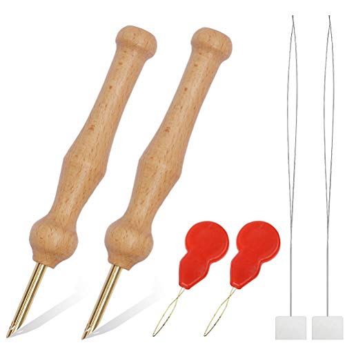 2 Pack Sewing Embroidery Punch Needle, Wooden Handle Embroidery Pens Large Punch Needle with Needle Threader for DIY Craft Stitching Applique Embellishment