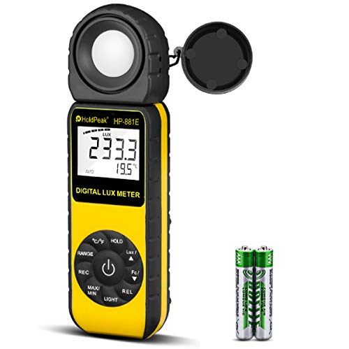 Light Meter-HOLDPEAK 881E Digital Illuminanc/Light Meter with 0.01~300,000 Lux (0.01~30,000 FC) Measuring Ranges and 270° Rotatable Detector for LED Lights and Plants Lumen Meter