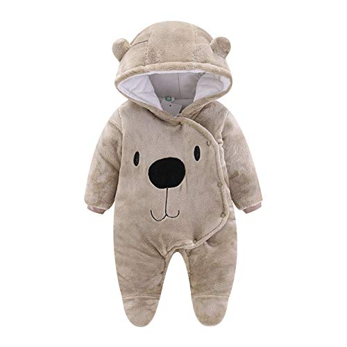 ALLAIBB Newborn Baby Warm Footie Romper Fleece Thick Jumpsuit Winter Outerwear Bear (Brown, 0-3 Months)