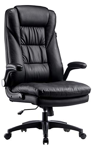 Hbada Ergonomic Executive Office Chair, PU Leather High-Back Desk Chair with Big and Tall Backrest and Cushion, Swivel Rocking Chair with Flip-up Padded Armrest and Adjustable Height, Black