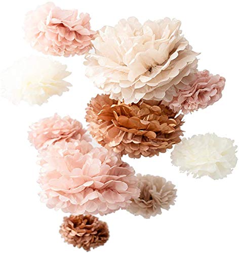 Vidal Crafts 20 PCS Dusty Pink, Rose Gold, Ivory, Pastel Grey, Tissue Paper Pom Pom Kit, 14', 10', 8', 6', Tissue Paper Flowers for Wedding, Birthday, Bridal Shower, Bachelorette, Baby Shower Decor