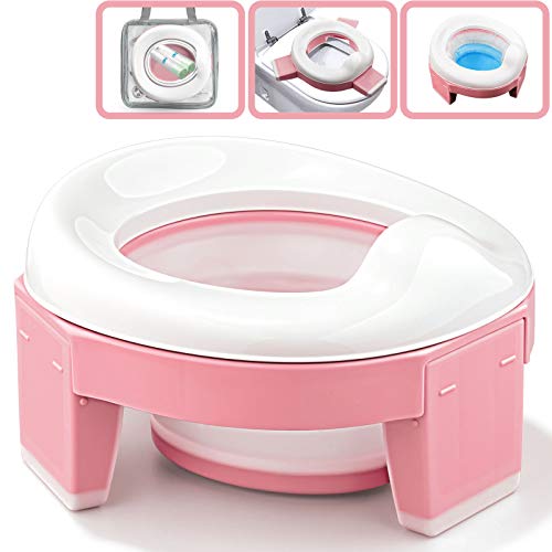 Portable Potty Seat for Toddler, Travel Potty Chair Foldable Training Toilet for Kids Baby Girls with 20 Count Potty Liners Refill Disposable Bags and Storage Bag by TYRY.HU (Pink)