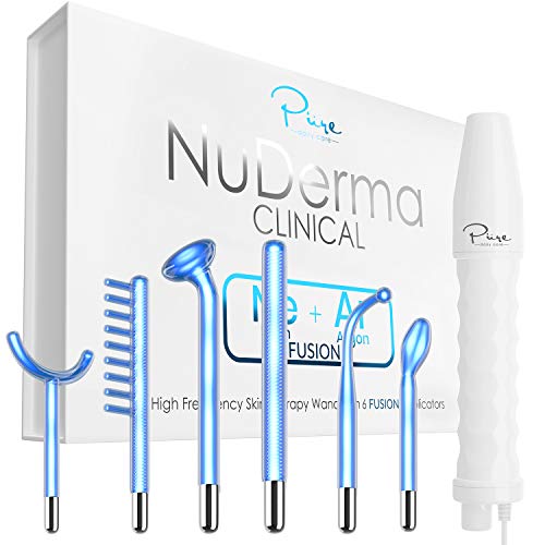 NuDerma Clinical Skin Therapy Wand - Portable Handheld High Frequency Skin Therapy Machine w 6 FUSION Neon + Argon Wands - Natural Acne Treatment - Skin Tightening - Wrinkle Reducing - Facial Skin