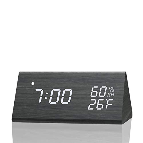 Digital Alarm Clock, with Wooden Electronic LED Time Display, 3 Alarm Settings, Humidity & Temperature Detect, Wood Made Electric Clocks for Bedroom, Bedside, Black