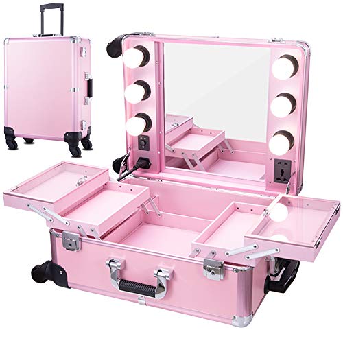 Chende Pink Pro Studio Artist Train Rolling Makeup Case with Light Wheeled Organizer, Large Portable Vanity Case with Mirror, Trveling Cosmetic Case for Business Trip (23.03' X 15.75')