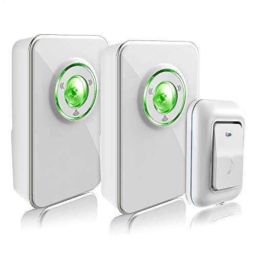Wireless Doorbell, Merisny Doorbell Kit with 2 Receivers and 1 Remote Button, 36 Chimes 4 Volume Levels Operating at 1000 ft Range with Green Strobe Light (White Two Receivers)