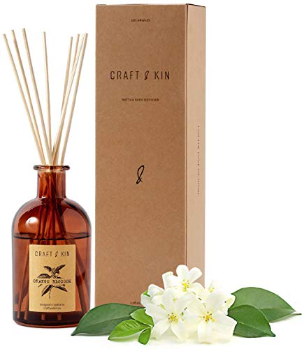 Craft & Kin Reed Diffuser Sticks ‘Orange Blossom & Lotus Scent’ Set, includes 8 Rattan Scented Sticks Diffuser Reeds, All-Natural Essential Oil & Amber Glass (5.75oz) | Provides Constant Fragrance
