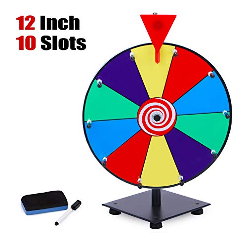 T-SIGN 12 Inch Heavy Duty Spinning Prize Wheel, 10 Slots Color Tabletop Prize Wheel Spinner with Dry Erase Markers and Eraser for Carnival and Trade Show, Win The Fortune Spin Game