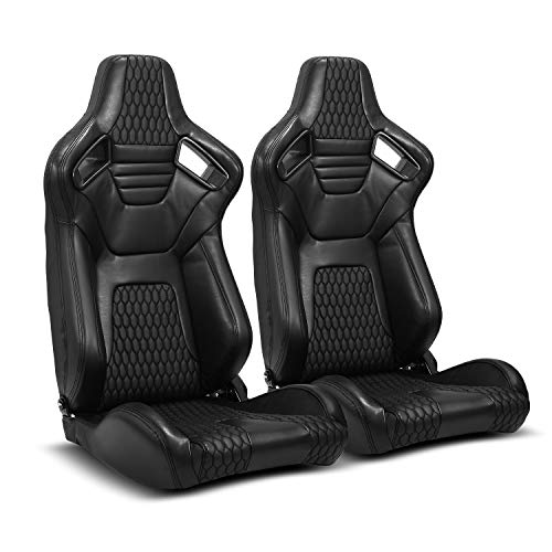 ModifyStreet 1 Pair Universal Main Black PVC Leather Reclinable Racing Bucket Seats