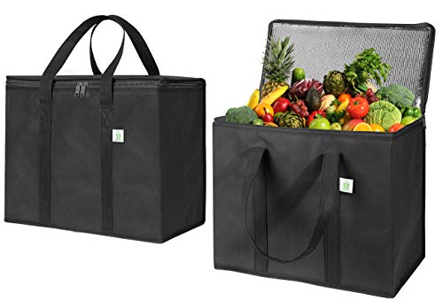 2 Pack Insulated Reusable Grocery Bag by VENO, Durable, Heavy Duty, Large Size, Stands Upright, Collapsible, Sturdy Zipper, Made by Recycled Material, Eco-Friendly (BLACK, 2)