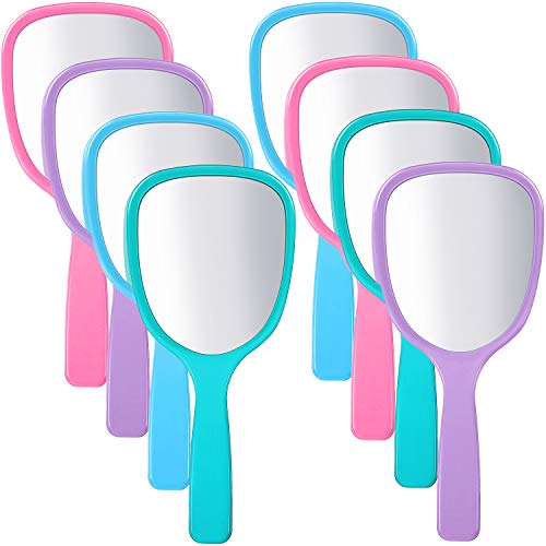 Jetec Handheld Hand Mirror Travel Makeup Mirror Handheld Cosmetic Mirror with Handle, Portable Vanity Mirror for Travel, Camping, Home, 4 Colors, 3.15 Inch Wide, 7.09 Inch Long (8 Pieces)