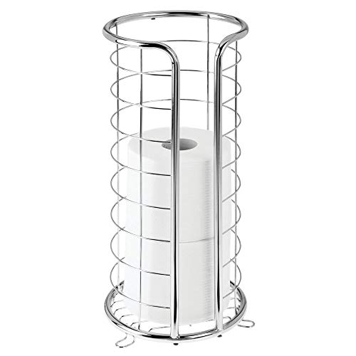 mDesign Decorative Metal Free Standing Toilet Paper Holder Stand with Storage for 3 Rolls of Toilet Tissue - for Bathroom/Powder Room - Holds Jumbo Rolls - Chrome