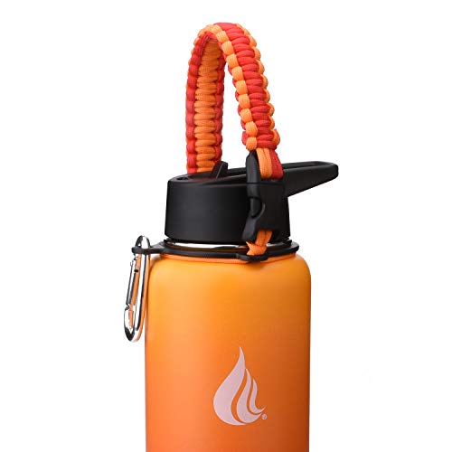 HYDRO CELL Wide Mouth Paracord Handle - Strap Carrier with Safety Ring and Carabiner. Compatible with 18, 24, 32, 40, and 64 oz Stainless Steel Water Bottles (Red/Orange)