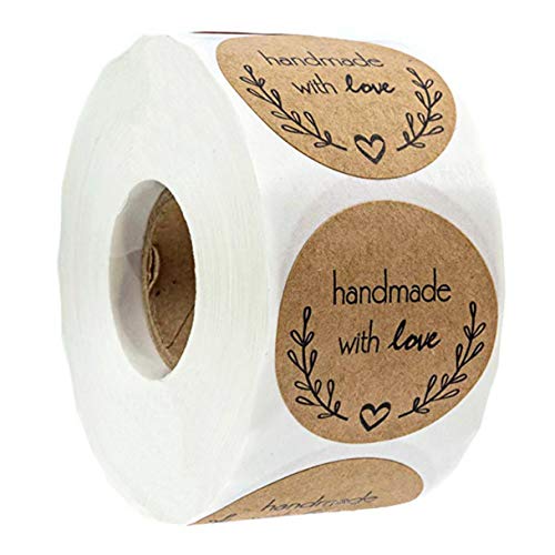 Louise Maelys 1” Kraft Paper Round Sealing Stickers Handmade with Love Sticker Labels for Gift Wrapping or Craft Making 500pcs per Roll