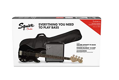 Squier by Fender Affinity Series Precision Bass PJ Beginner Pack, Laurel Fingerboard, Black, with Gig Bag, Rumble 15 Amp, Strap, Cable, and Fender Play