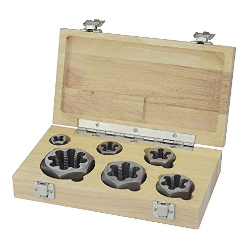 Drill America - DWTHXNPT-Set 6 Piece NPT Pipe Die Set, 1/8', 1/4', 3/8', 1/2', 3/4' and 1', Rethreading, Carbon Steel, Wooden Case