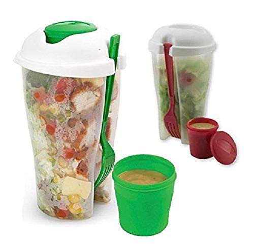 Fresh Salad Container Serving Cup Shaker with Dressing Container Fork Food Storage Bonus Recipes, Use This Bowl for Picnic, Lunch to Go, Made with Plastic Bottle - Eat Healthy -(Set of 2)