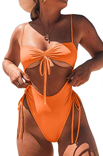 ioiom Women 1 Piece Sexy Monokini High Leg Cutout Swimsuit Swimwear Orange L