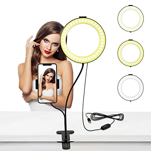 Selvim 6 inch Selfie Ring Light with Cellphone Holder Stand- Ring Light Stand for Live Stream ＆ Makeup, 64 LED Bulbs 3 Light Modes 10-Level Brightness 360° Rotating for iPhone Android Cell Phone