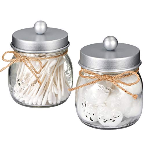 Apothecary Jars Set,Mason Jar Decor Bathroom Vanity Storage Organizer Canister,Premium Quality Glass Qtip Holder Dispenser for Qtips,Cotton Swabs,Ball - Stainless Steel Lids (Silver, 2-Pack)