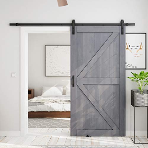 SMARTSTANDARD 42in x 84in Sliding Barn Door with 8ft Barn Door Hardware Kit & Handle, Pre-Drilled Ready to Assemble, DIY Unfinished Solid Cypress Wood Panelled Slab, K-Frame