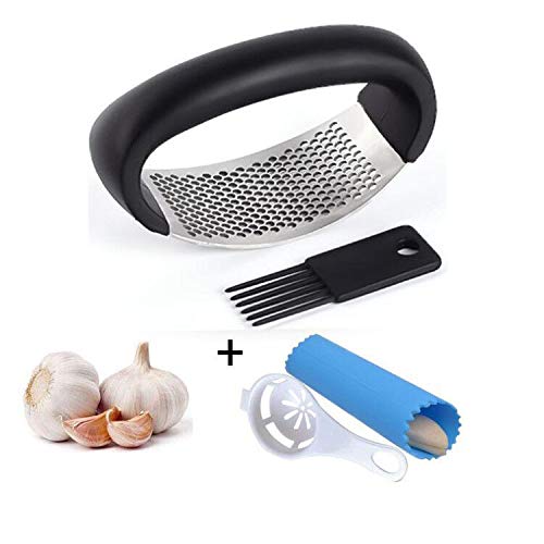 New Design Stainless Steel Garlic Press Rocker - Professional Grade Garlic Mincer Crusher and Garlic Press-With Silicone Garlic Peeler And Egg Separator Filiter Tools For You