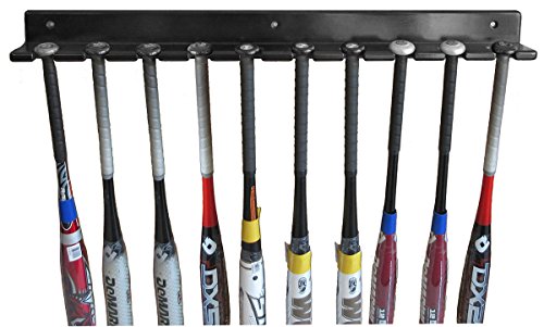 Baseball Bat Display Rack Wall Hanger, Holds 10 Bats, Solid Wood (Black Finish)