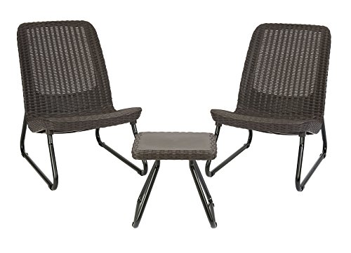 Keter Rio 3 Piece Resin Wicker Patio Furniture Set with Side Table and Outdoor Chairs, Whiskey Brown