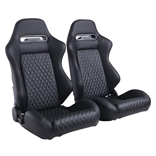 Racing Seats, Pair of PVC Leather Racing Bucket Seats with Dual Sliders, Black(Ship from USA Warehouse)