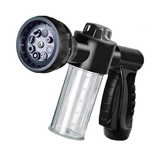 Garden Hose Nozzle Adjustable Hose Spray Nozzle High Pressure 8 Watering Pattern with 3.5Oz Soap Sprayer Power Garden Water Hose Foam Nozzle Sprayer for Car Washing Pet Shower (Black)