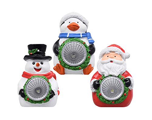 Christmas Solar Light Set of 3: Figurine Lights of Santa Claus, Snowman and Penguin in a White Heavy Duty Box