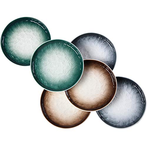 Eglaf 6'' Ceramic Round Dessert Plates - Porcelain Gradient Water Wave Embossed Texture - Small Appetizer Plates for Tea Party, Cake, Ice cream, Waffles, Apple Pie, Snacks (Set of 6 - 3 Colors Mix)