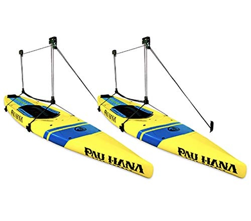 StoreYourBoard 2 Pack Paddleboard Ceiling Storage Hoist, Hi-Lift Overhead Rack, Adjustable Pulley System, Home and Garage Hanger, Easy Lifting SUP Accessory (Pro)