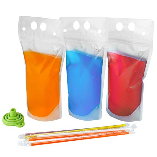 C CRYSTAL LEMON 100PCS Drink Pouches with Straw Smoothie Bags Juice Pouches with 100 Drink Straws, Heavy Duty Hand-Held Translucent Reclosable Ice Drink Pouches Bag