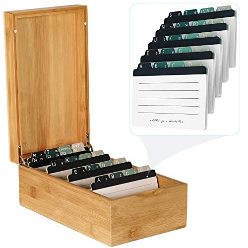 MaxGear Business Card Holder 3x5 inches Index Cards Organizer Box Desktop Card File Note Card Holders for Rolodex Wood Organizers, Bamboo, 4 Divider Boards for 600 Cards, A-Z Tabs, 10 x 5.8 x 4 inches