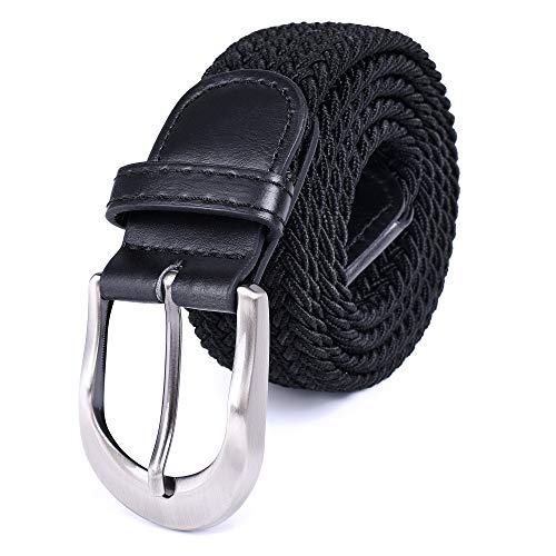 Braided Stretch Elastic Belt Pin Oval Satin Nickel Buckle Leather Loop End Tip for Men Women Junior(Multicolored, Black, Medium 30'-35' (42' Length))