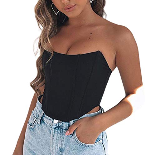 Women Sexy Bustiers Strapless Off Shoulder Push Up Corsets Slim Crop Tops Clubwear Outwear (B-Black, M)