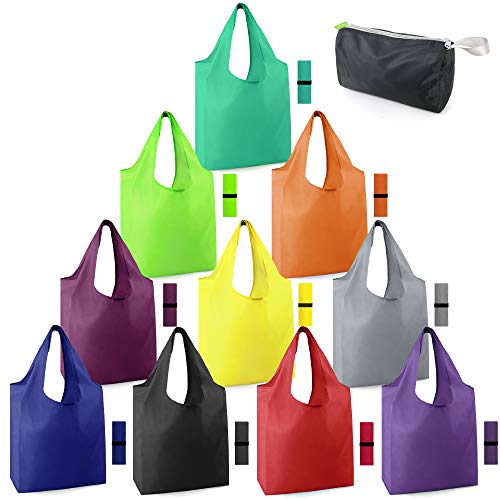 Reusable-Grocery-Bags-Foldable-Machine-Washable-Reusable-Shopping-Bags-Bulk Colorful 10 Pack 50LBS Extra Large Folding Reusable Bags Totes w Zipper Storage Bag Sturdy Lightweight Polyester Fabric