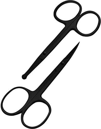 Curved and Rounded Facial Hair Scissors for Men - Mustache, Nose Hair & Beard Trimming Scissors, Safety Use for Eyebrows, Eyelashes, and Ear Hair - Professional Stainless Stee (Black)