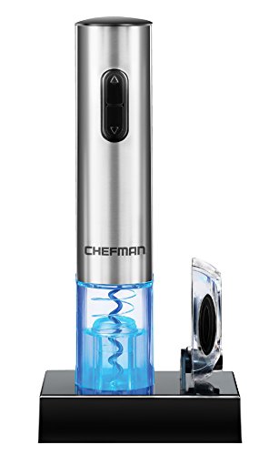 Chefman Electric Wine Opener with Foil Cutter, Automatic Corkscrew and Foil Remover, One Touch Wine Bottle Opener with Rechargeable Battery and Charging Stand, Stainless Steel 110/240V